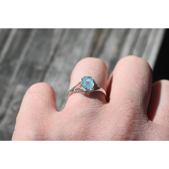 Raw Aquamarine Engagement Ring Timeless Diamond Wedding Band Contemporary - Picture 3 of 5